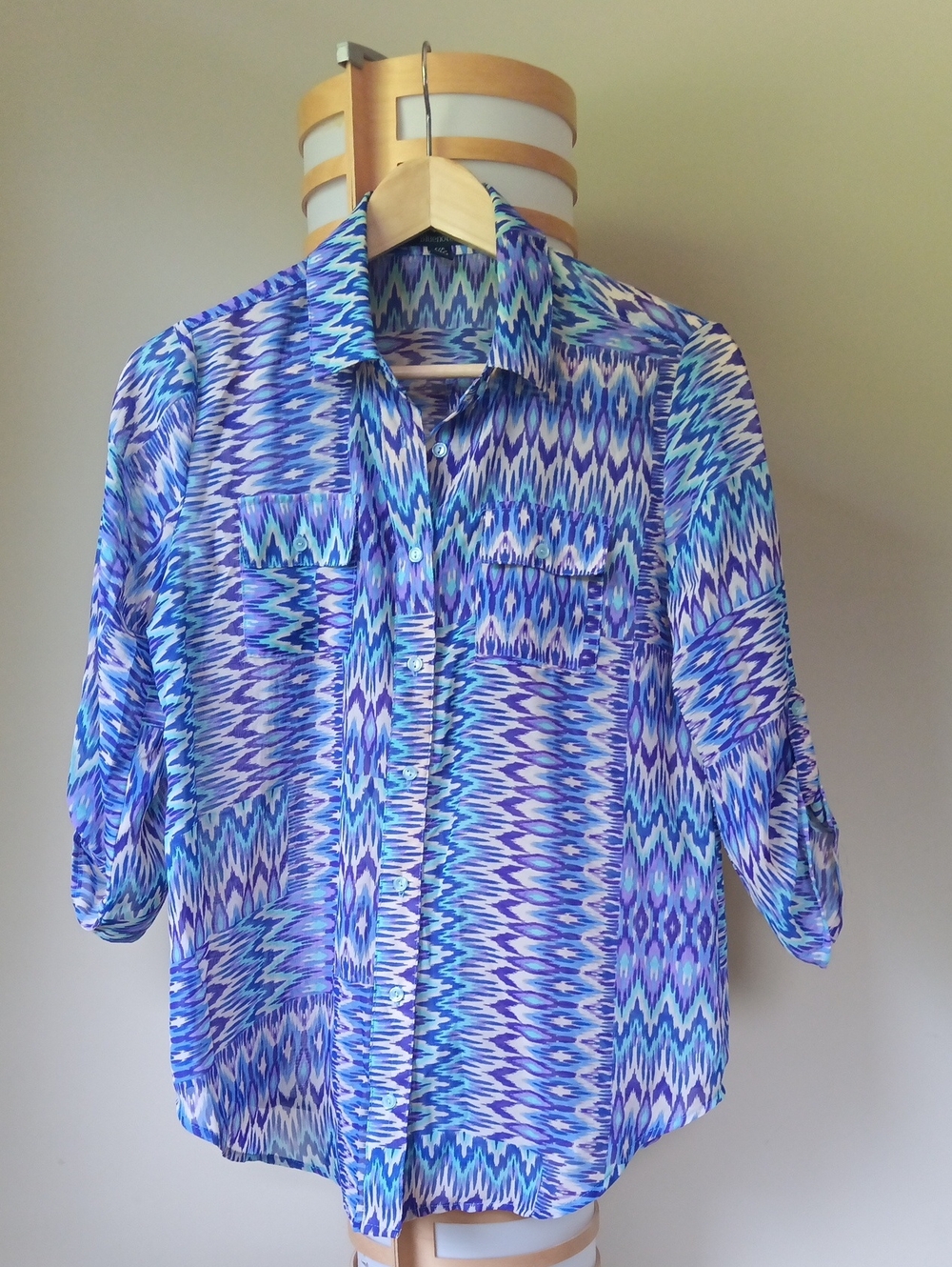 P18.5 L27 Bluenotes Blue and Aqua Ikat-Pattern Button Front Shirt